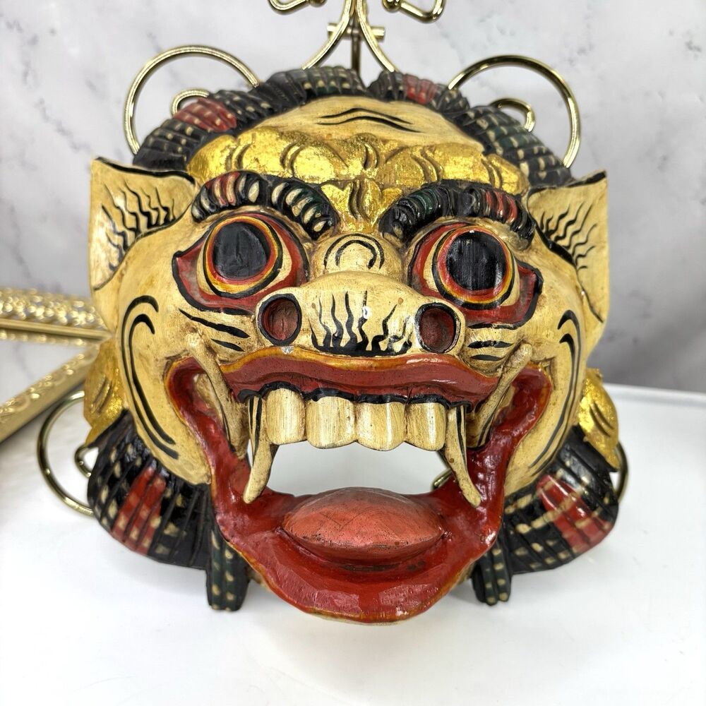 Antique Balinese Boma Barong Mask Vtg Wood Carving Guardian Demon Folk Art Bali